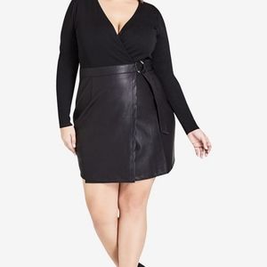 Plus Size Black Faux-Leather Wrap Dress with Belt